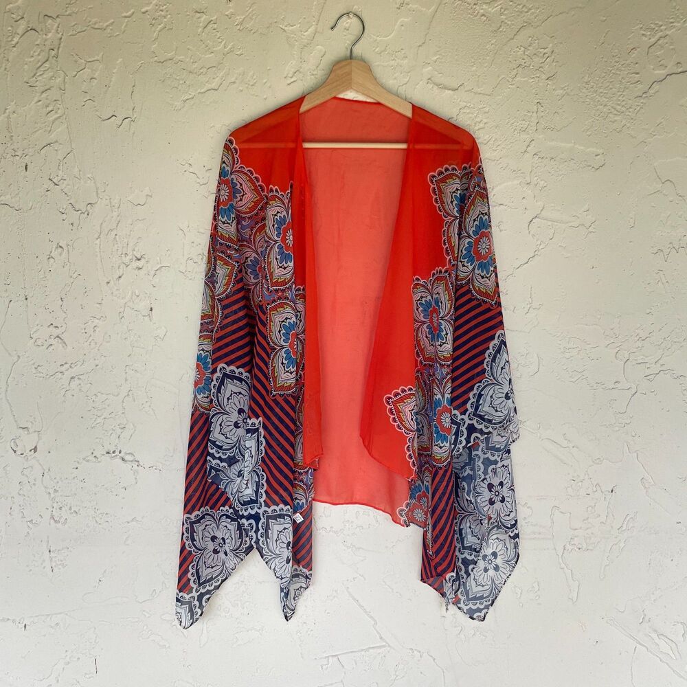 Sheer Boho Kimono Cardigan Cover Up Red Blue Floral Medallion Open Front OS